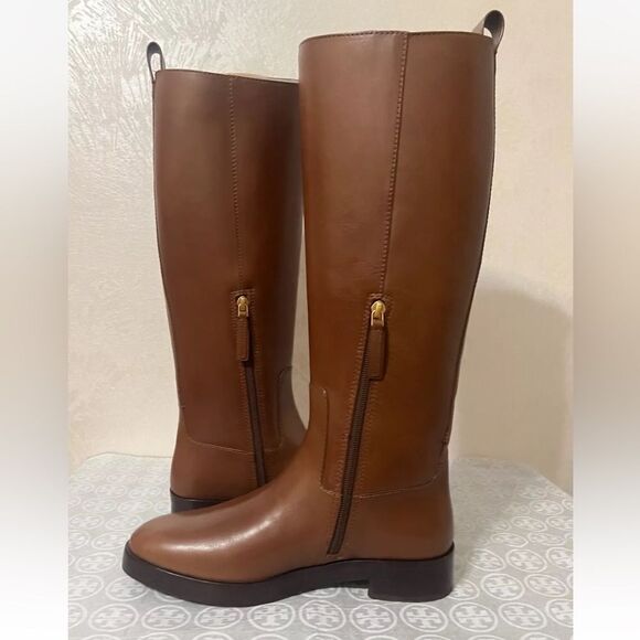 NWT Tory Burch soft leather tall riding boots with logo stitch accent at collar - Picture 5 of 11